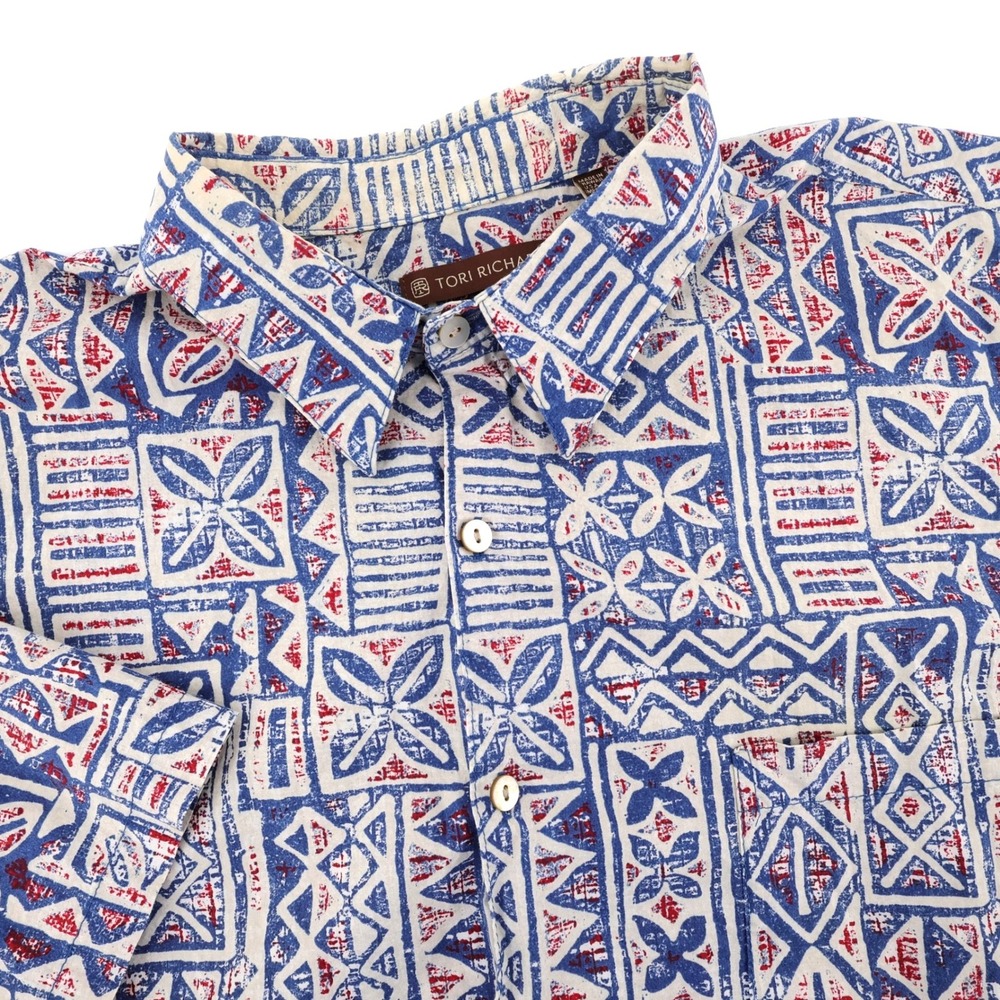 Tori Richard Cotton Lawn Geometric Tribal Shirt Blue Mens L
